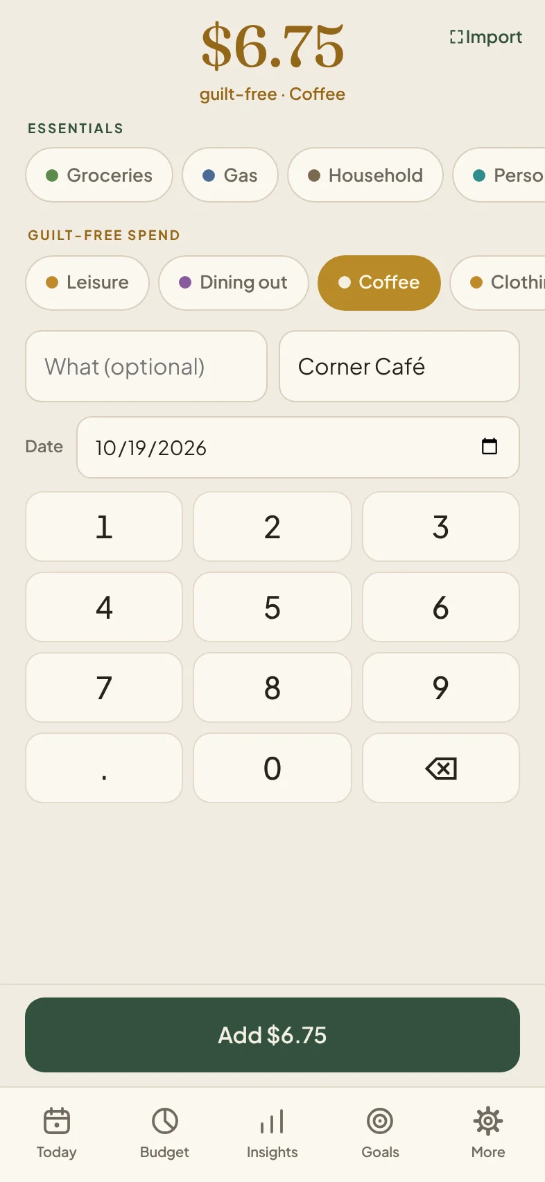 Mull Add screen: logging a $6.75 coffee in a couple of taps