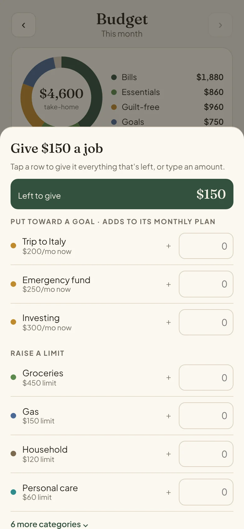 Give $150 a job: put it toward a goal's monthly plan or raise a category's limit