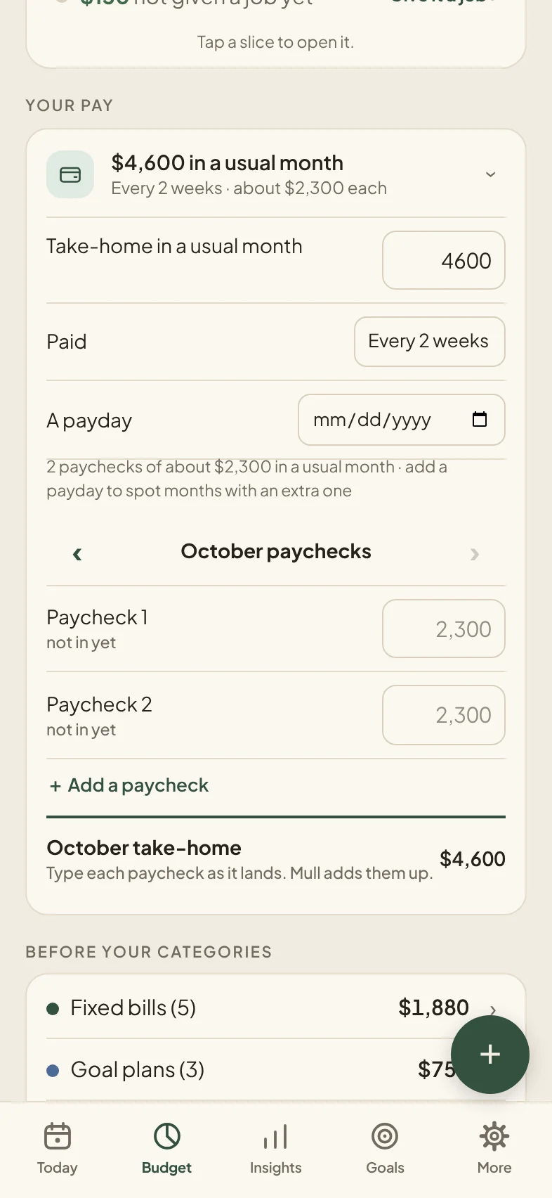 Mull Your pay: October paychecks, one box per paycheck, adding up to $4,600 of October take-home