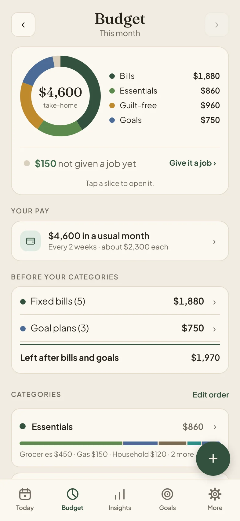 Mull Budget screen: monthly take-home of $4,600 split into bills, essentials, guilt-free spend and goals