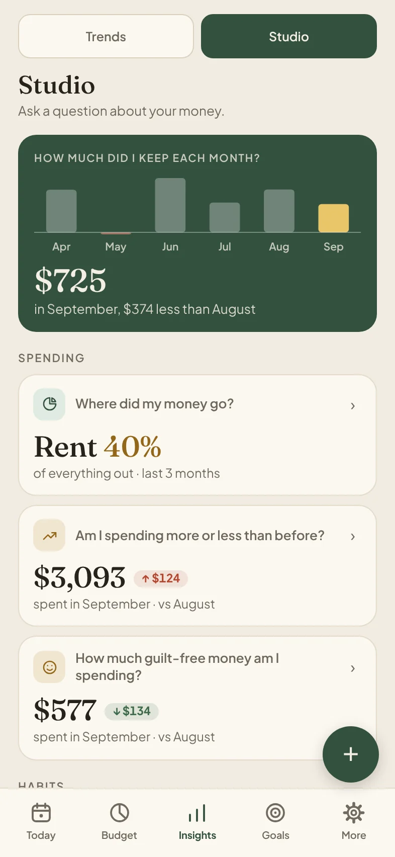 Studio: questions about your money, each with its answer up front, such as Where did my money go? Rent, 40% of everything out over the last 3 months