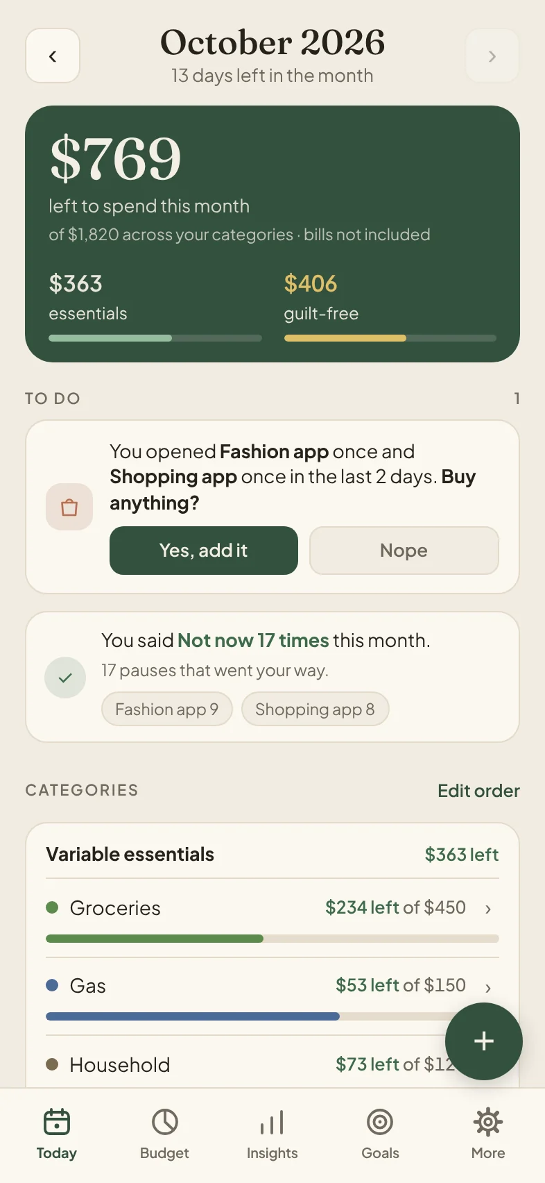 Mull Today screen: $769 left to spend this month, $363 for essentials and $406 guilt-free, with a short To do list and category limits